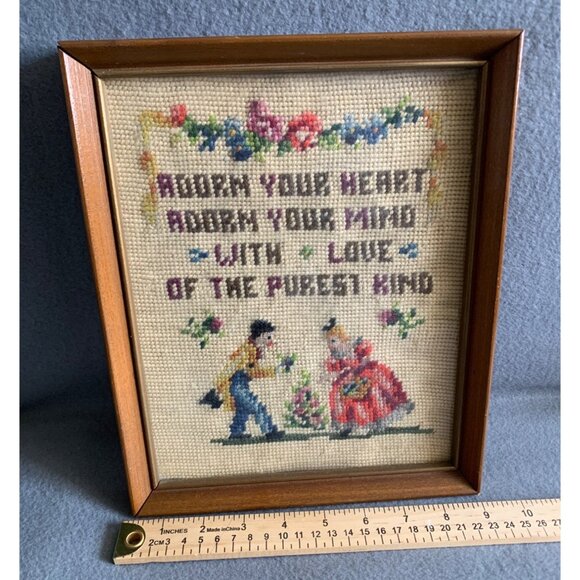 Vintage Needlepoint Art Adorn Your Heart & Mind with Love 9x11 - Picture 4 of 6
